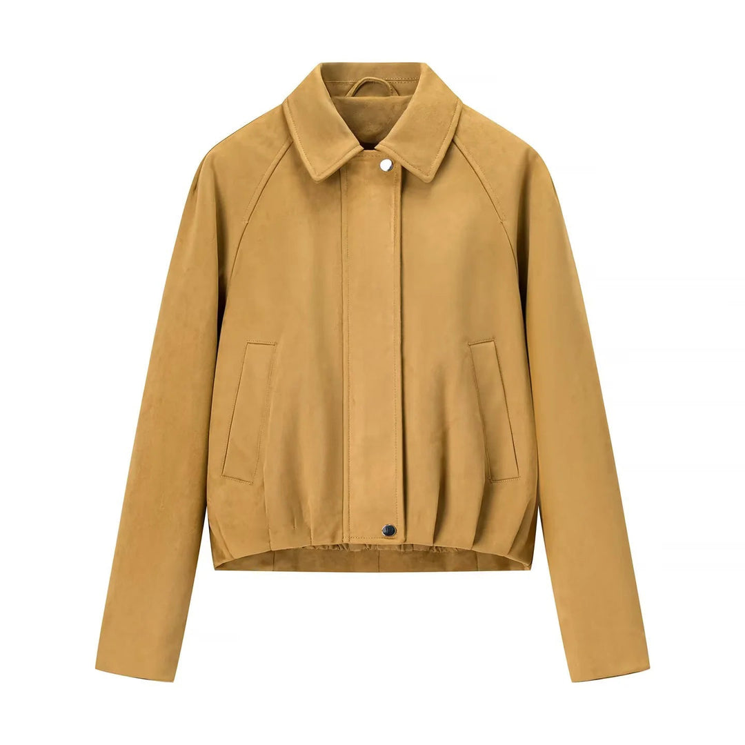 Dam cropped velvet blouse jacka med skjortkrage, concealed snap knäppning, och elastisk fåll
