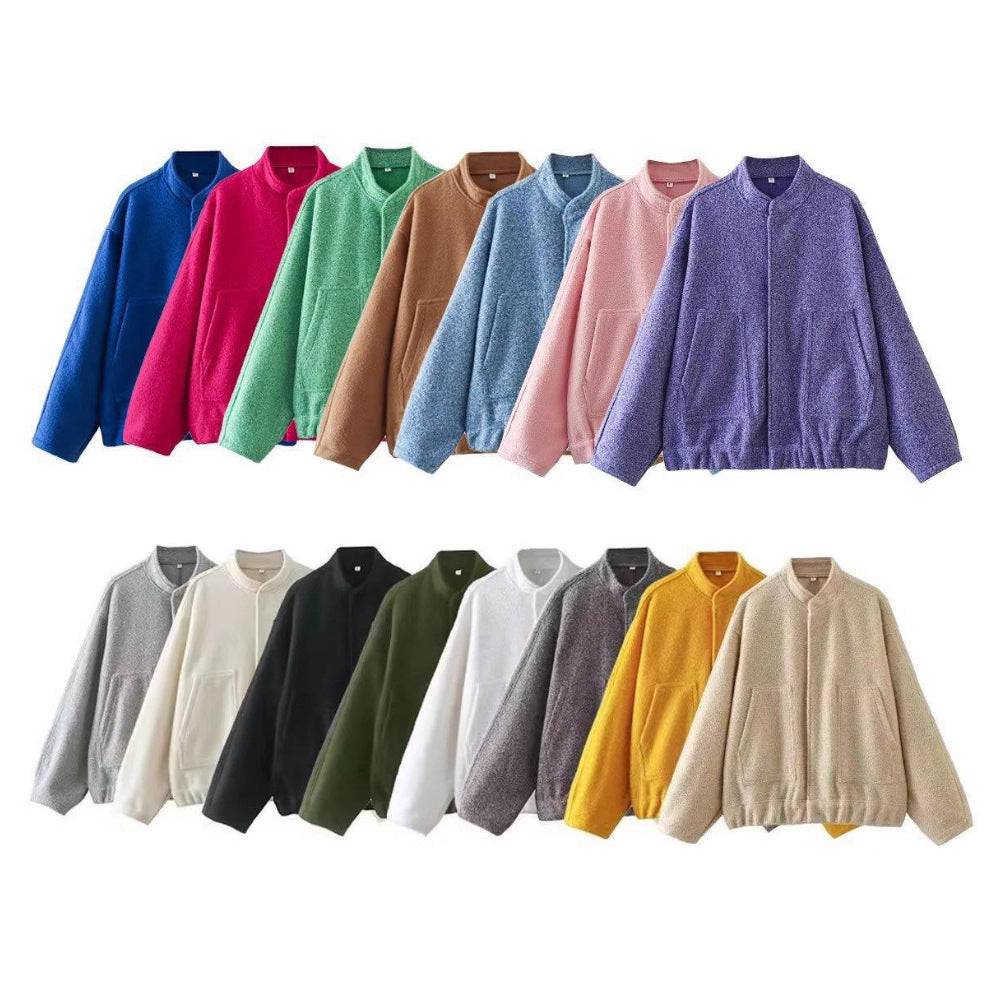 Dam 70+ Oversize Teddy-Fleecejacka med Stå Krage och Patch Fickor