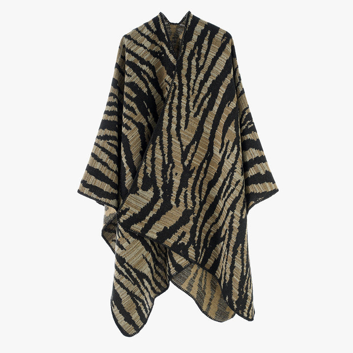 Dam Rectangular Ruana-Overlay med Extravagant Animal-Jacquard och Open Draping