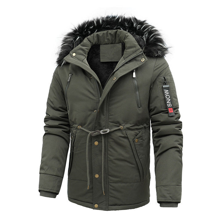 Herr vadderad parka jacka med fusk päls huva och midja drawstring