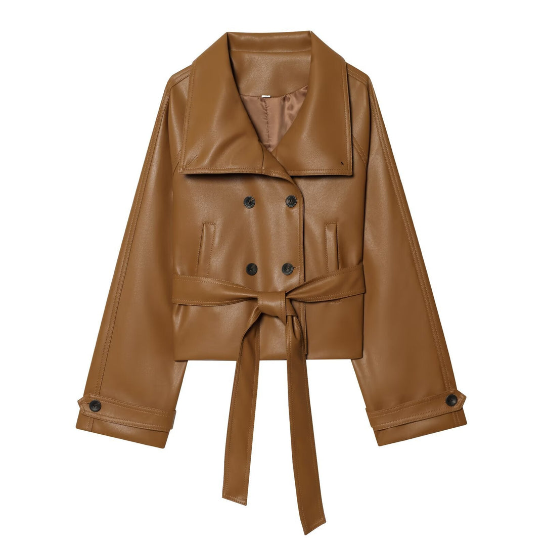 Dam Kort Skärning Faux Läder Trenchcoat med Oversize Lapels, Double-Breasted Knapp Knäppning och Tied Belt