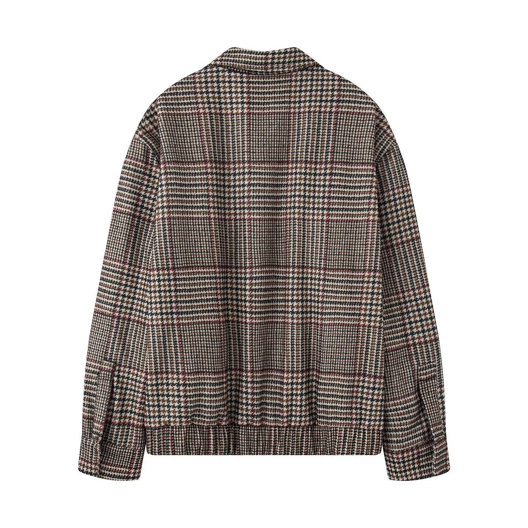 Dam Oversized Kort Jacka i Houndstooth Mönster med Ståkrage och Elastic Fåll