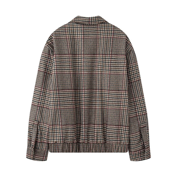 Dam Oversized Kort Jacka i Houndstooth Mönster med Ståkrage och Elastic Fåll