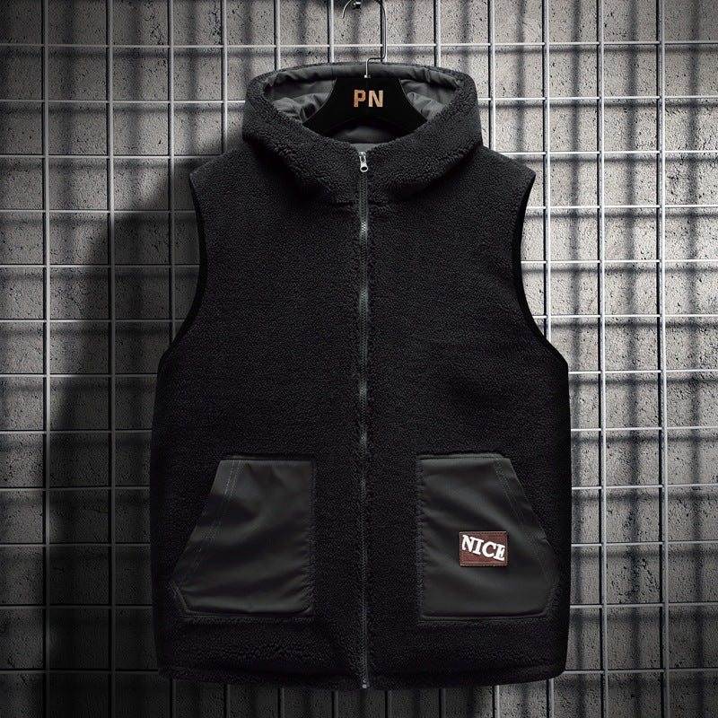 Herr Vadderad Teddy Fleece Väst med Huva, Hel Dragkedja och Letter Patch