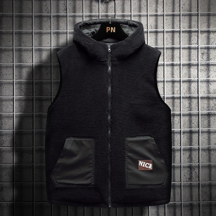 Herr Vadderad Teddy Fleece Väst med Huva, Hel Dragkedja och Letter Patch