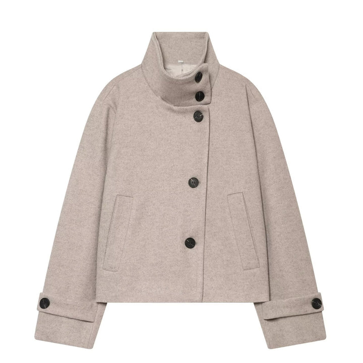Dam Kort Ull Blouson Kappa med Hög Stå Krage och Knapp Knäppning