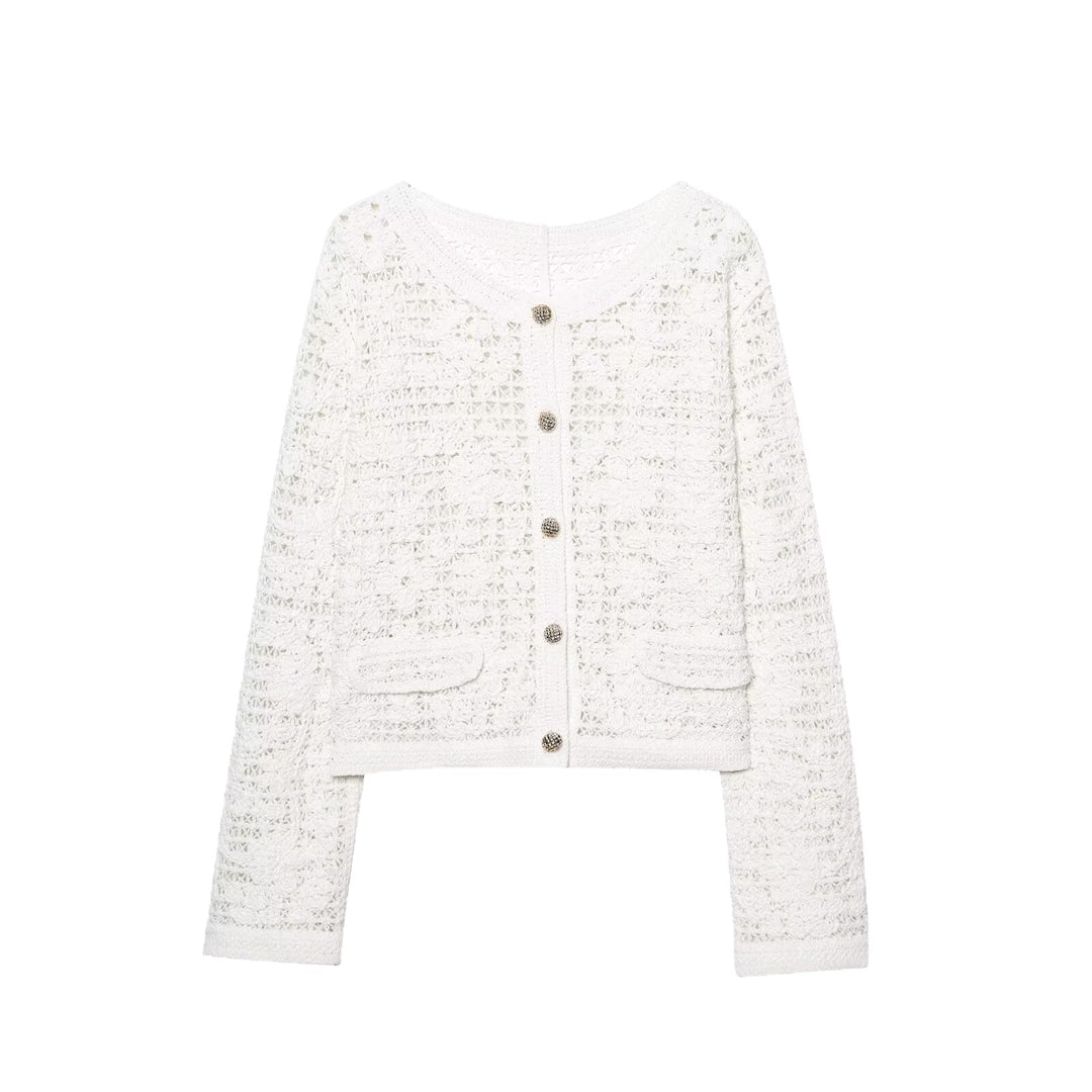 Dam Crocheted Kort Jacka i Boucle Look med Decorative Knappar och Utanpåfickor