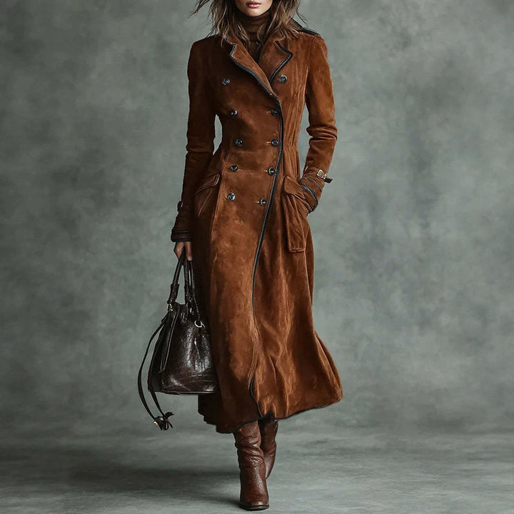 Dam längre skräddad trenchcoat in mocka look med Double-Breasted knappslå och Buckle muddar