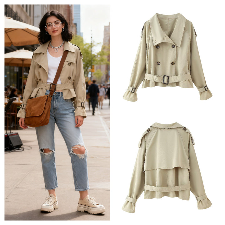 Dam Kort Trenchcoat i Boxig Skärning med Dubbel-Breasted och Belted Midja