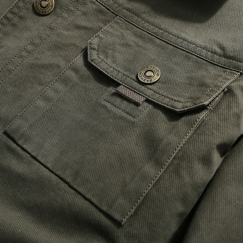 Herr Robust Canvas Fältjacka med Bröstficka, Stitch Detalj, och Skjorta Krage