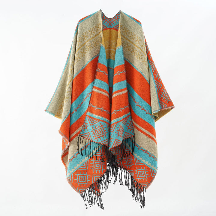 Dam Woven Jacquard poncho med Geometric Ethno mönster och Fringed fåll