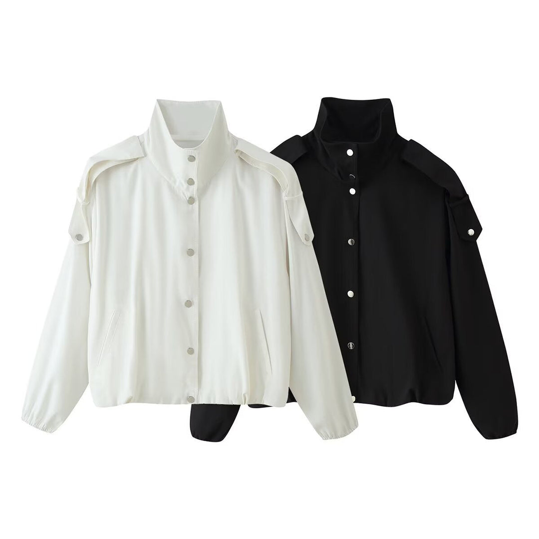 Dam Kort Jacka med Hög Stå Krage, Shoulder Pads och Tryckknapp Knapp Knäppning
