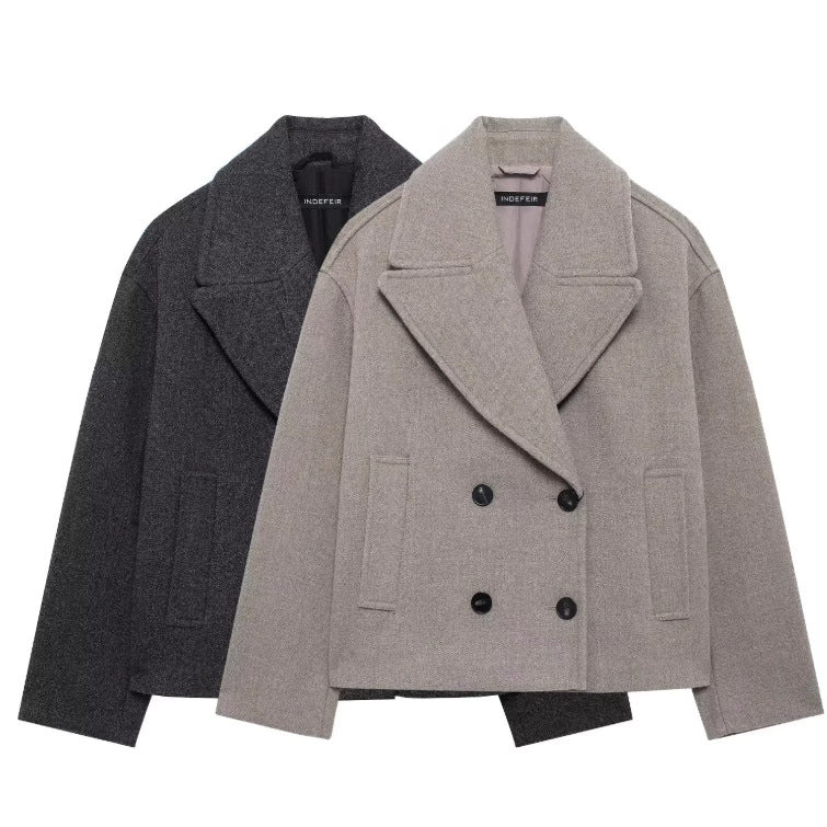 Dam 300+ Kort Double-Breasted Ull Blend Blazer med Wide Lapels