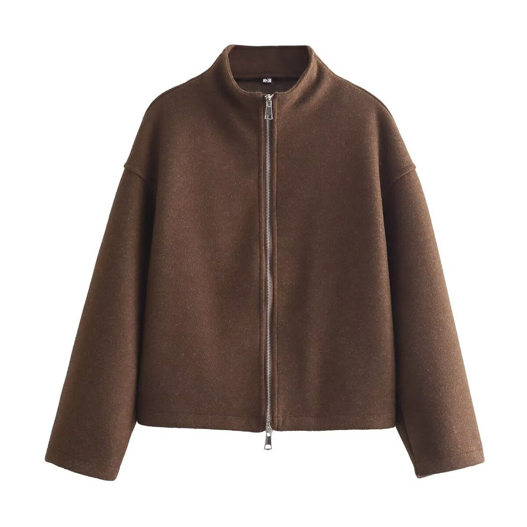 Dam kort-skärning ull-look dragkedja jacka med ståkrage och oversized ärmar