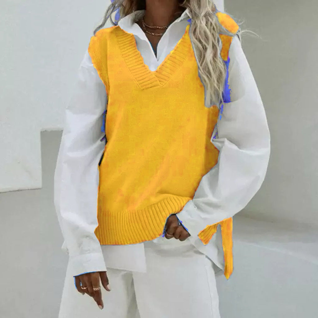 Dam Sleeveless stickad väst med V-Neck och Side Slits