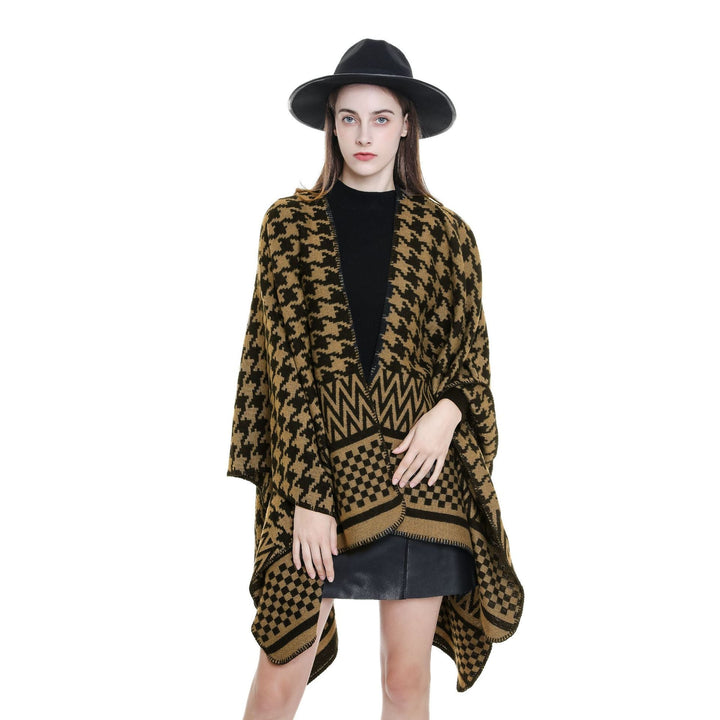 Dam Jacquard capeponcho med Houndstooth och Geometric mönster