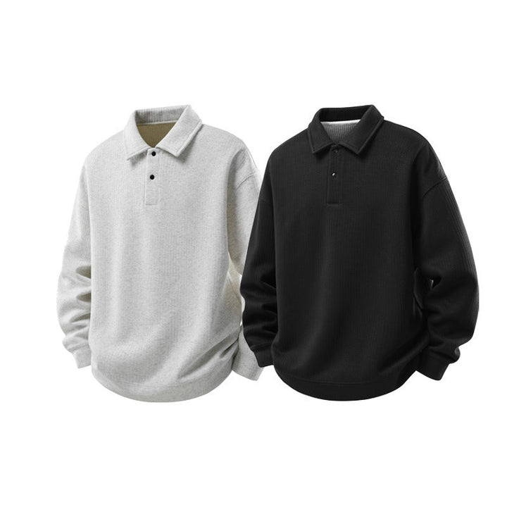 Herr Oversized Waffle Structure Polo Tröja med Halv Knapplist och Ribbstickade Muddar