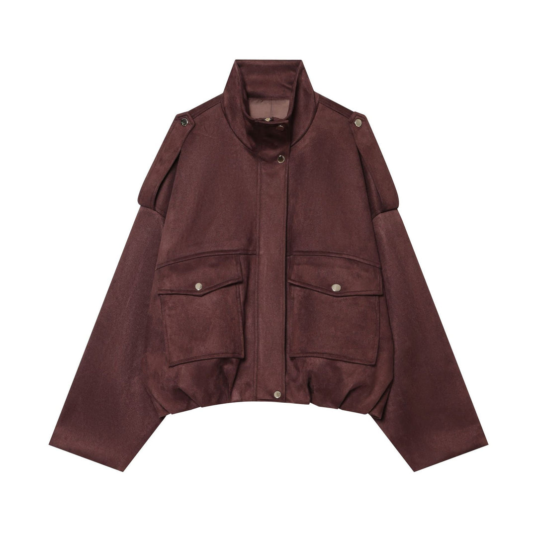 Dam kort velour blouson med ståkrage, axel piping och flapped fickor