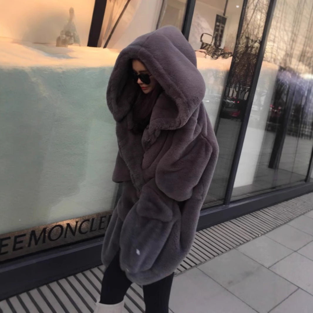 Dam oversize Fusk Päls Kappa med huva och Fickor
