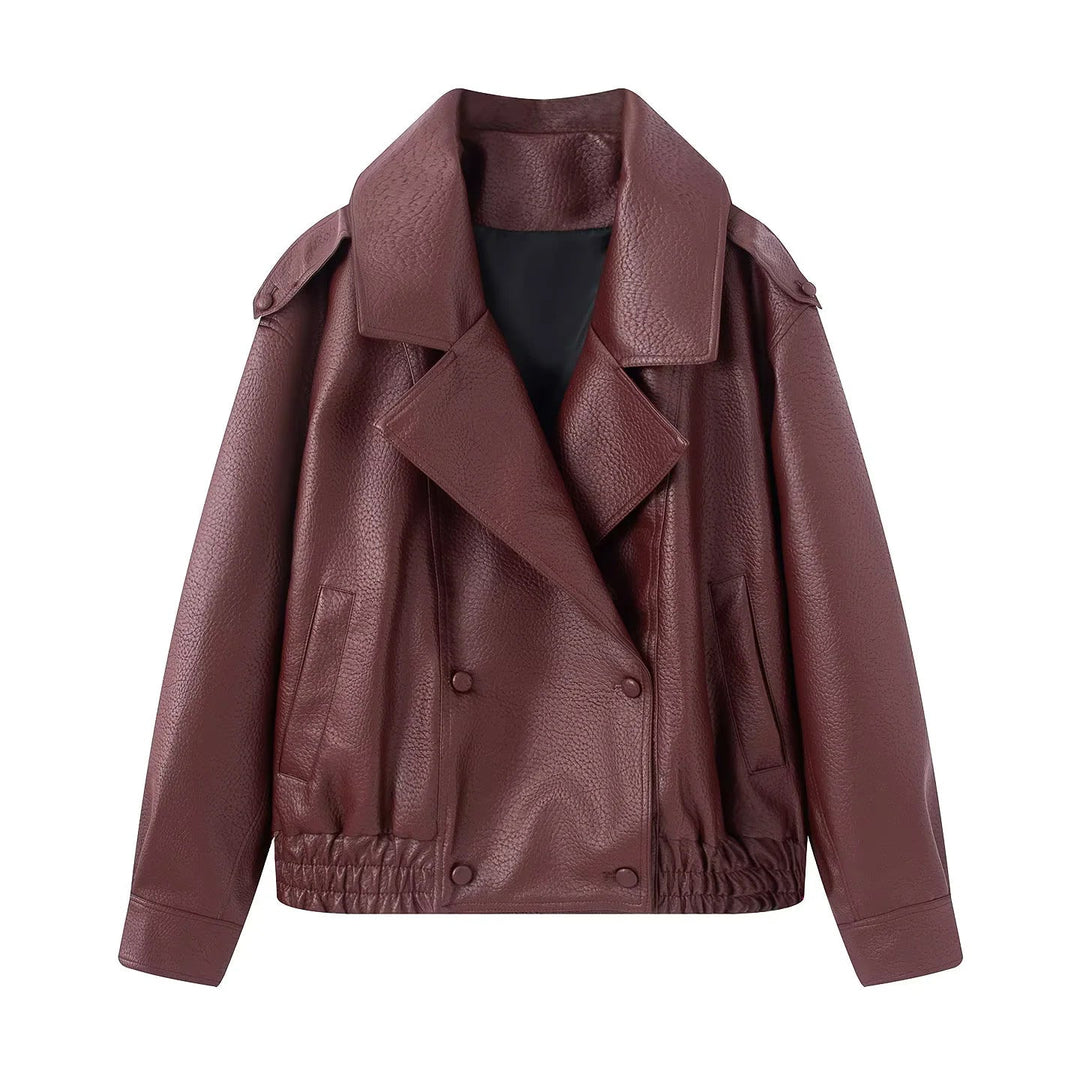 Dam cropped double-breasted konstläder blouson med bred krage och elastisk fåll