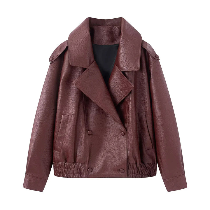 Dam cropped double-breasted konstläder blouson med bred krage och elastisk fåll