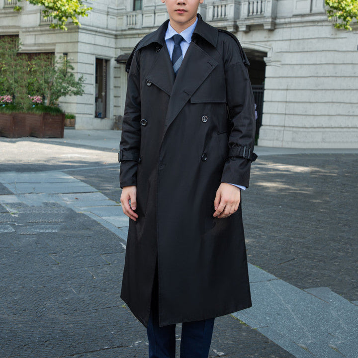 Herr Elegant Lång Trench Kappa med Tie Bälte och Bak Yoke