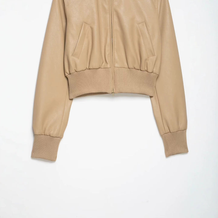 Dam Kort Skärning Läder Blouson med Hög Ribbed Krage