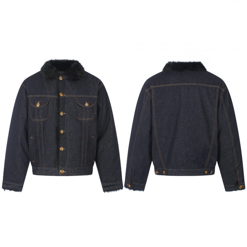 Herr short-cut denimjacka med fusk päls krage och teddyfoder look