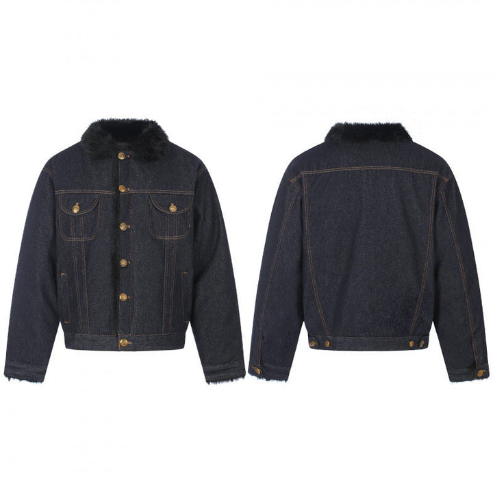 Herr short-cut denimjacka med fusk päls krage och teddyfoder look