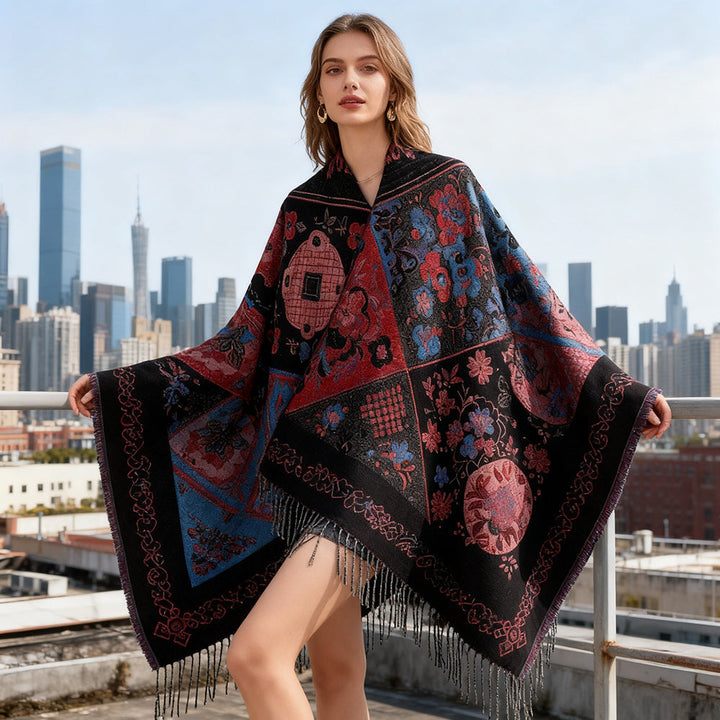 Dam Jacquard poncho med Boho Patchwork mönster och fransfåll