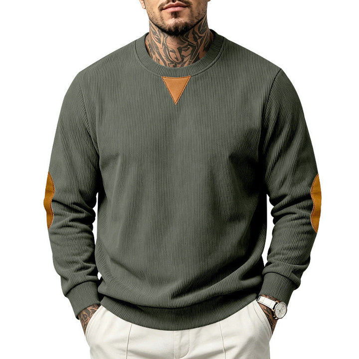 Herr Ribbad College-Tröja med Läder Look Elbow Lappar och Triangle Applique