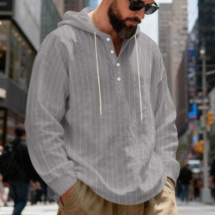 Herr Lätt Luvtröja Henley Skjorta med Fin Pinstripes