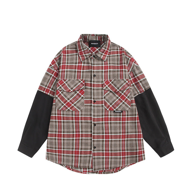 Unisex Oversized Skjorta Jacka i Layering Look med Contrasting Ärmar och Breast Lockfickor