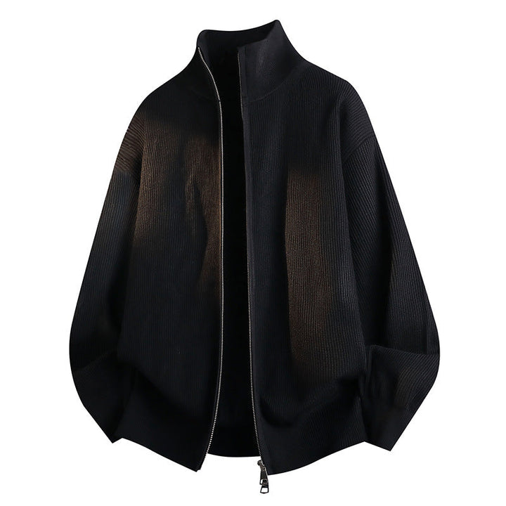 Unisex Oversize Stickad Dragkedja Jacka med Stå Krage, Ribbed Texture &amp; Two-Way Dragkedja