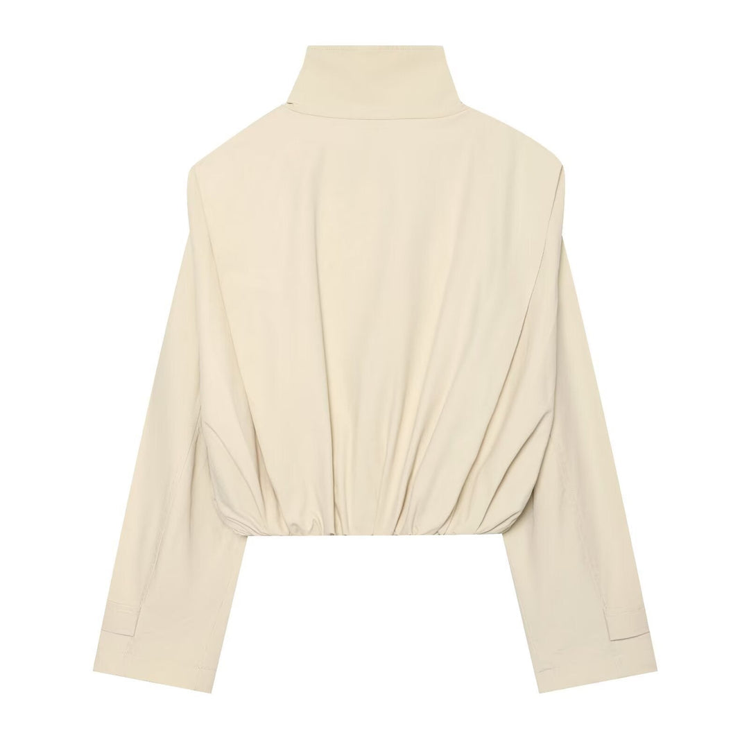 Dam Kort Double-Breasted Trench Blouson med Hög Stå Krage, Epaulettes och Elastic Nederkant