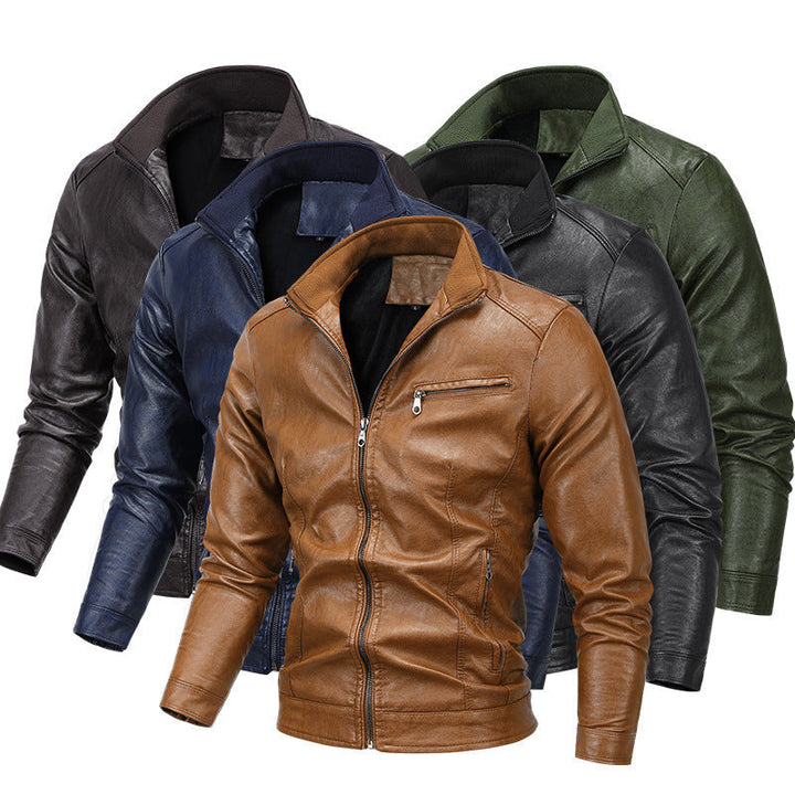 Herr Moto Blouson i Läder Look med en Figurnära Skärning, Stående Krage och Zip Fickor