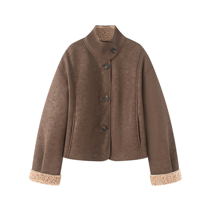 Dam kort lambskin look jacka med high ståkrage och buttoned front
