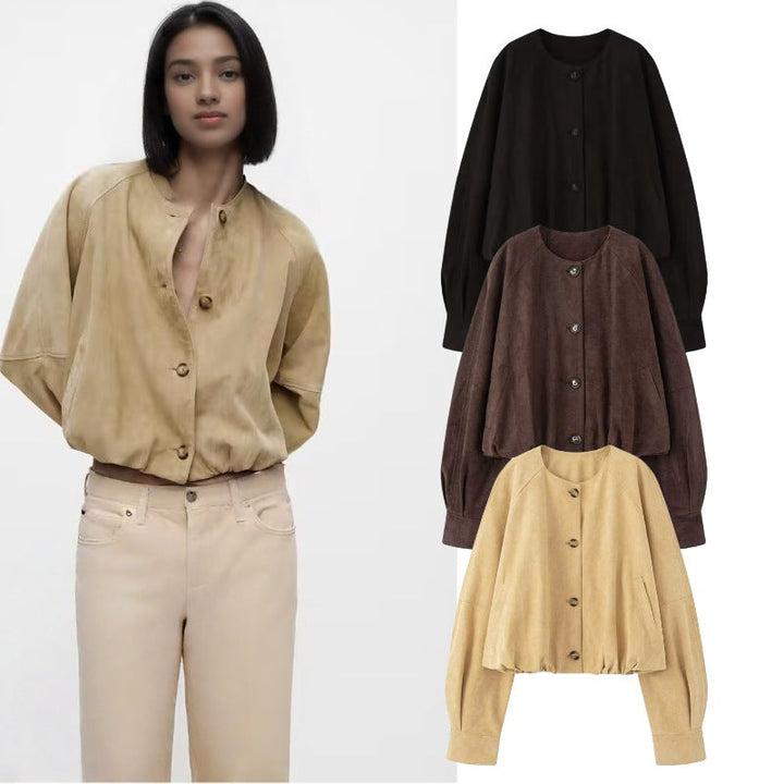 Dam Kort Blouson Jacka i Kort Look med Round Neckline och Balloon Ärmar