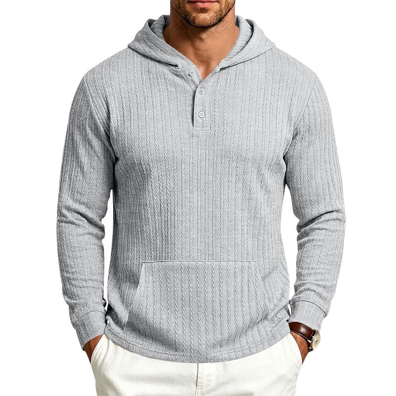 Herr Strukturerad Luvtröja med Henley Krage och Känguruficka