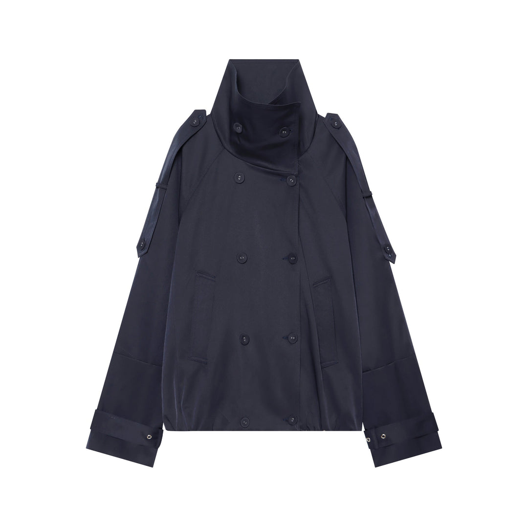 Dam double-breasted cape trenchcoat med high stand krage och adjustable ärm tabs