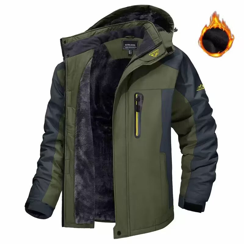 Herr trekking parka med värm teddyfoder, avtagbar huva, och vattentät softshell ytter lager