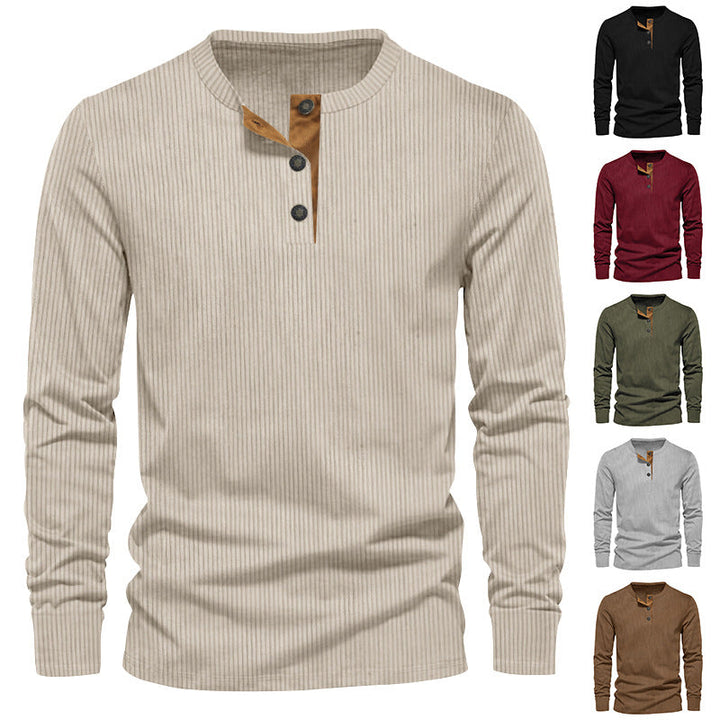Herr Stickad Termisk Henley med Contrast Knapplist och Ribbstickade Muddar
