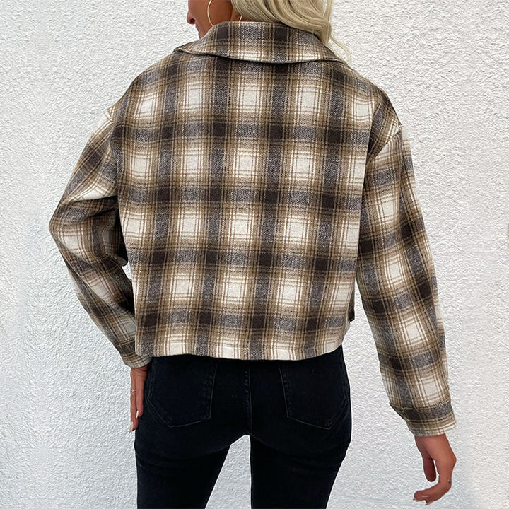 Dam Check Overshirt jacka med Boxy kort skärning och Applied Breast fickor