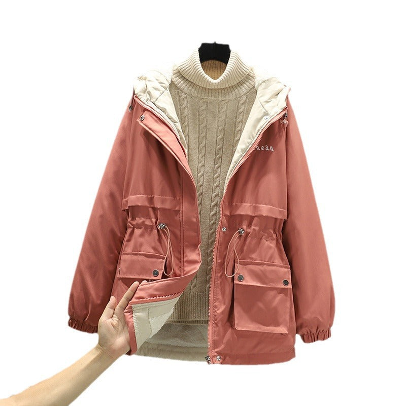 Dam vattenavvisande Hooded Parker med Teddy foder Tunnel Drawstring Waist och Multiple fickor