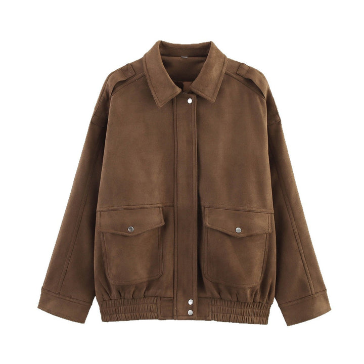 Dam Boxig Övergångsjacka i Suede Look med Skjort Krage, Applied Lock Fickor och Elastic Waist