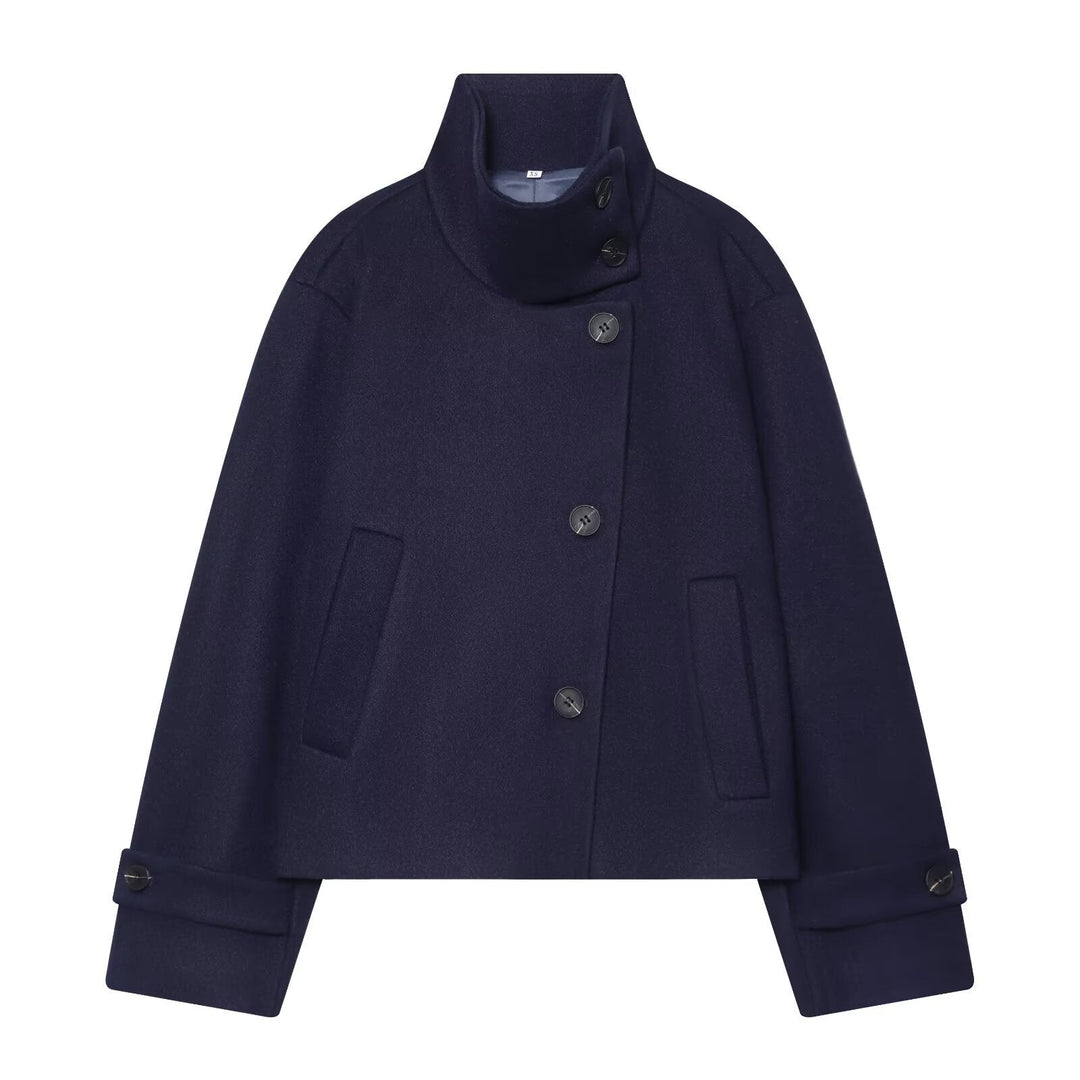 Dam Kort Ull Blouson Kappa med Hög Stå Krage och Knapp Knäppning