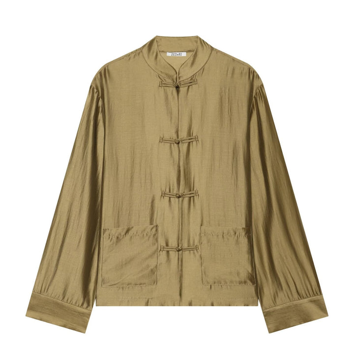 Dam Mandarin Krage Jacka med Chinese Knot Fastenings och Patch Fickor