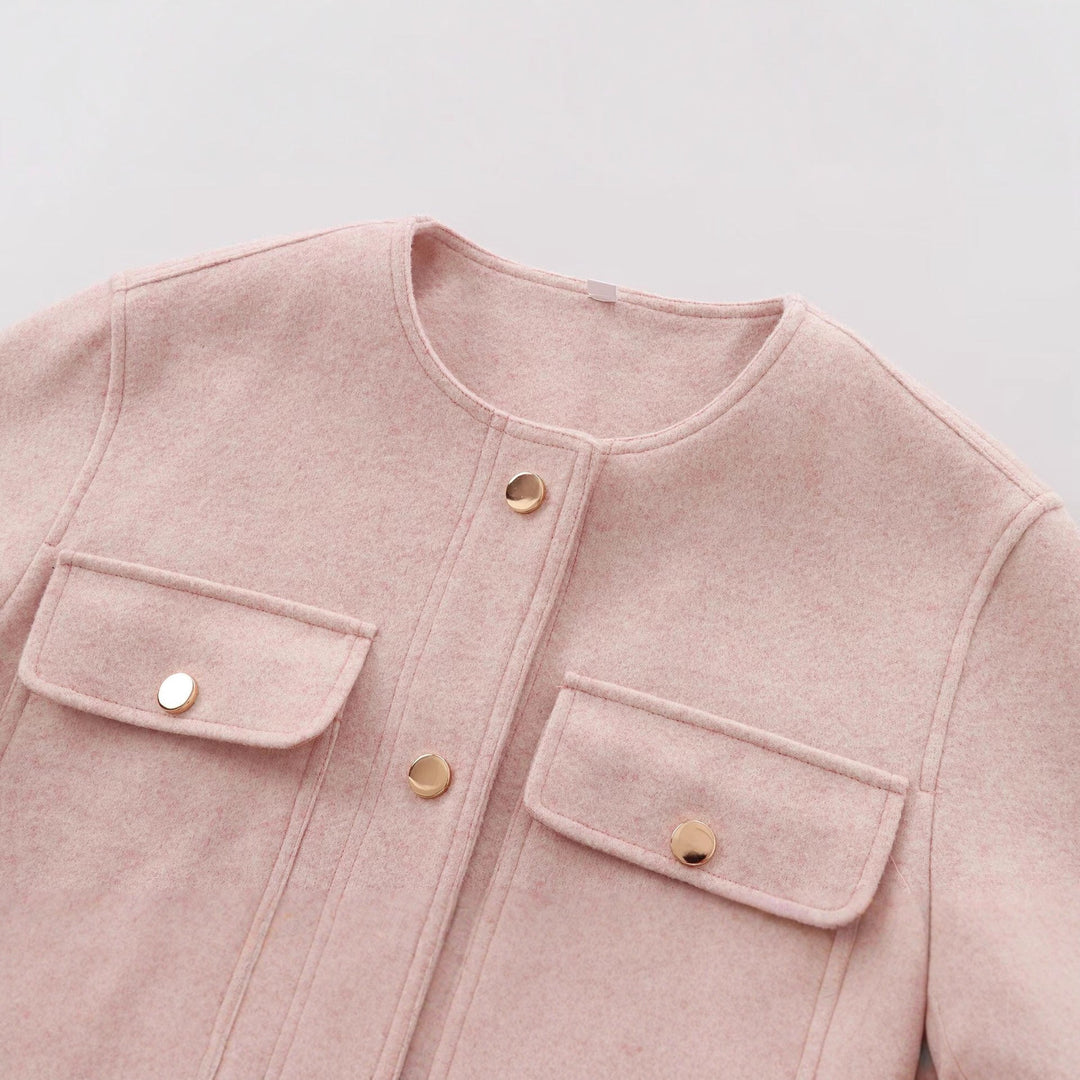 Dam Kort Ull Blend Jacka i Boxig Skärning med Round Neck och Dekorativ Press Studs