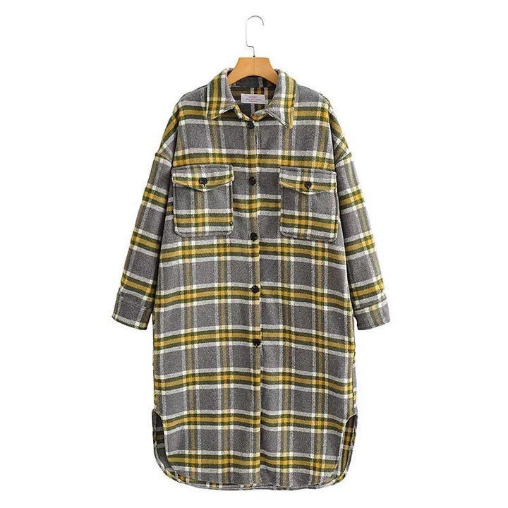 Dam Oversized Check Skjorta Jacka i Lång Modell Skärning med Lapp Bröst Fickor