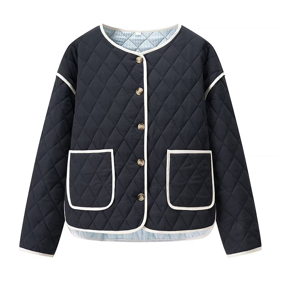 Dam kviltad kort jacka med diamond quilting, kontrasterande piping, och rounded fåll